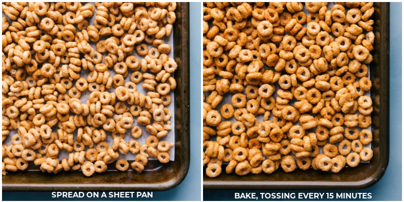 Churro Cheerios are the perfect after school snack! Recipe via ChelseasMessyApron.com #snack #afterschool #cheerios #cereal #churros #whitechocolate Spread cereal mixture on a sheet pan; bake and mix every 15 minutes.