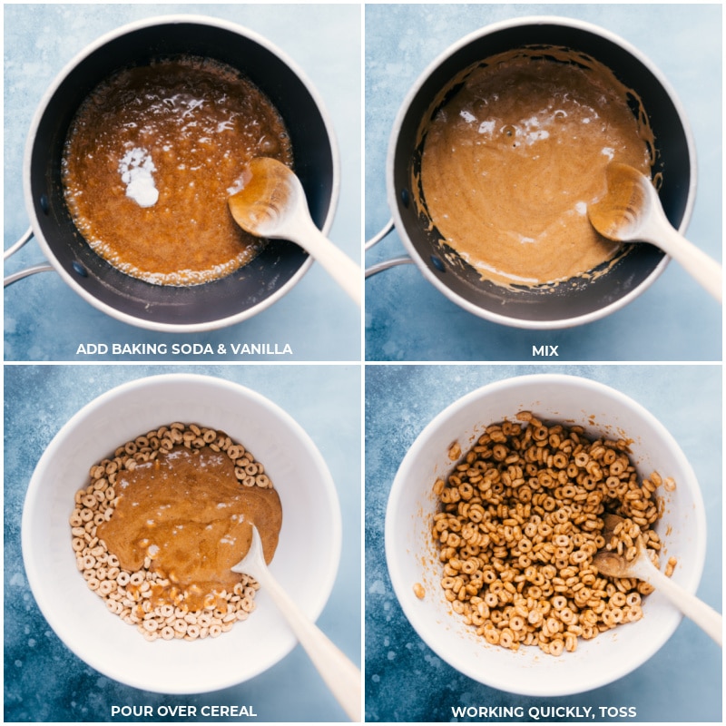 Churro Cheerios are the best treat! Recipe via ChelseasMessyApron.com #snack #afterschool #cheerios #cereal #churros #whitechocolate Process shots: add baking soda and vanilla to the syrup mixture; mix; pour over cereal; work quickly and toss to mix.