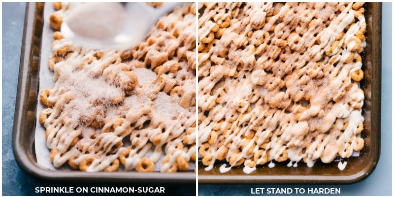 Sweet Churro Cheerios start with caramel-coated toasted oat cereal that gets drizzled in white chocolate and coated in cinnamon sugar. Recipe via ChelseasMessyApron.com #snack #afterschool #cheerios #cereal #churros #whitechocolate Process shots: Sprinkle on cinnamon-sugar mixture; let stand to harden