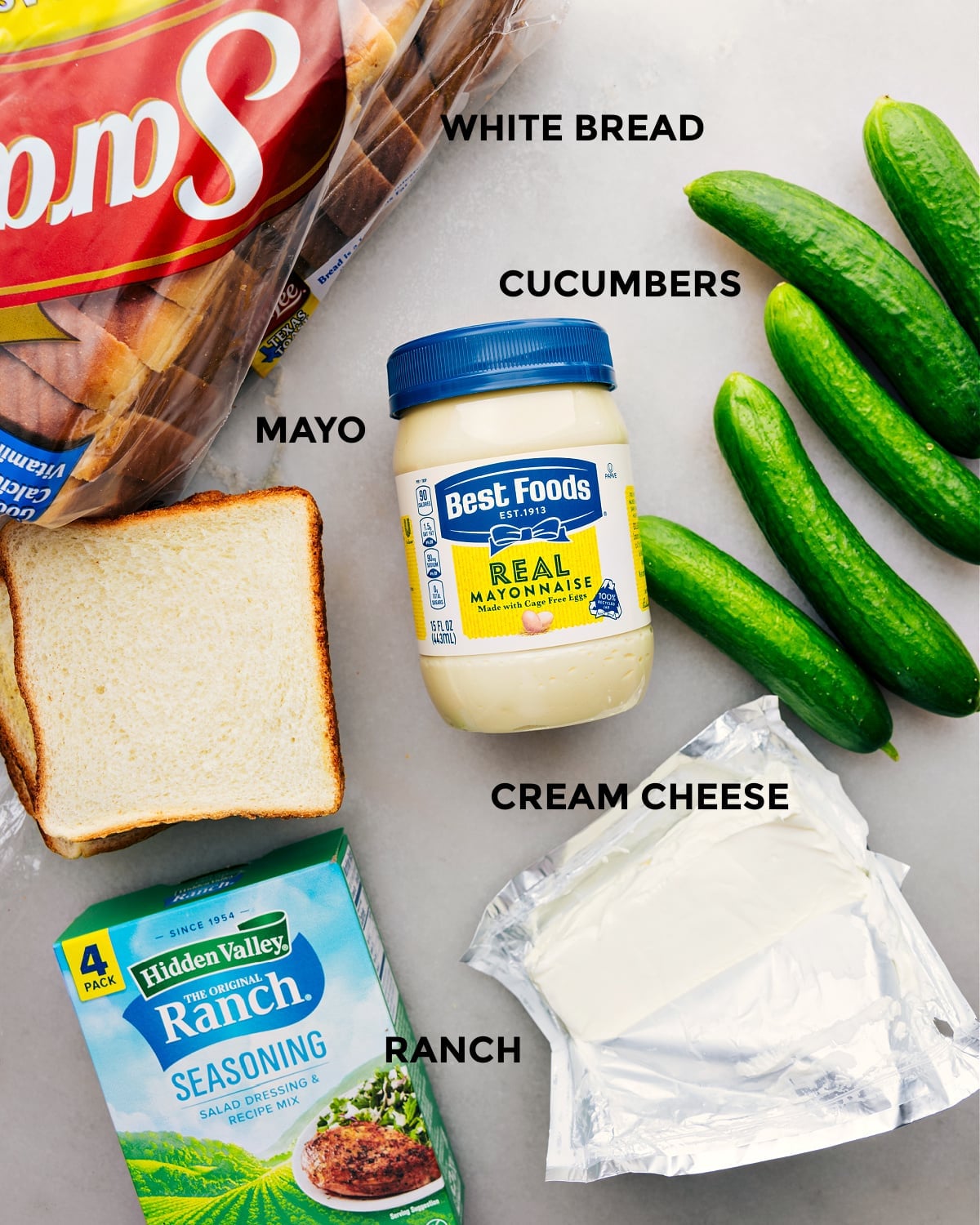Ingredients In Cucumber Sandwiches All the ingredients in this recipe prepped out for easy assembly.