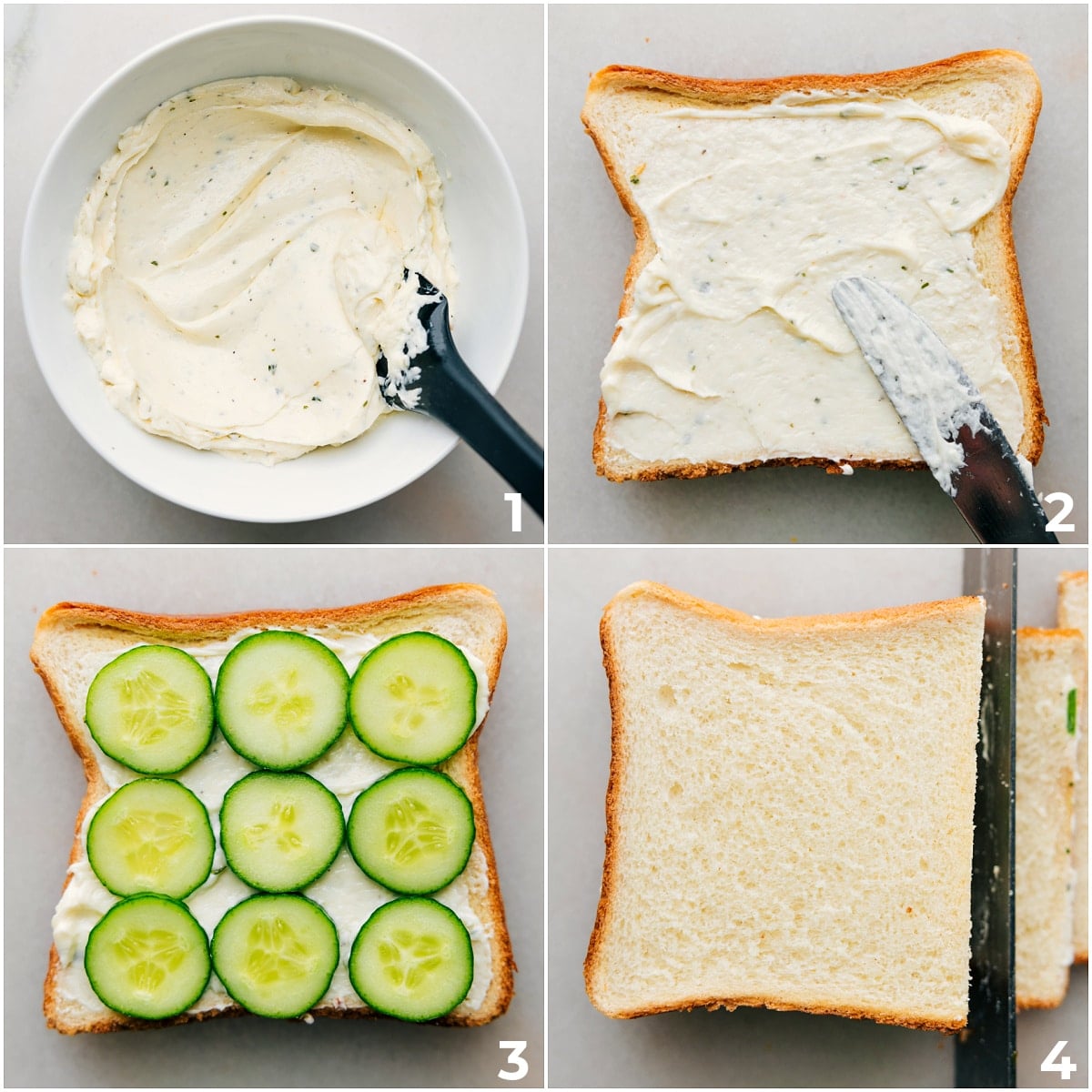 How To Make A Cucumber Sandwich The mayo sauce and cucumbers being layered onto the bread for these cucumber sandwiches.