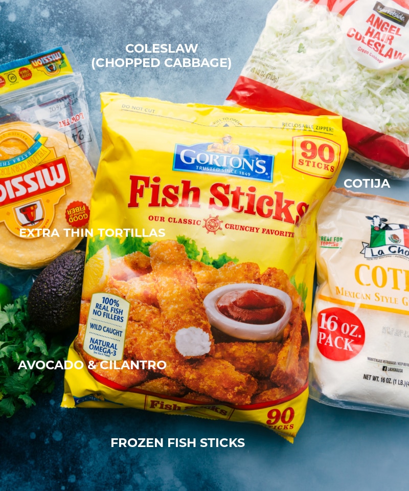 Fish Stick Tacos are the easiest fish tacos ever! Recipe via ChelseasMessyApron #dinner #quick #easy #simple #best #avocado #cabbage #crema #fishstick #tacos Ingredient shot-- image of all the ingredients used in this dish