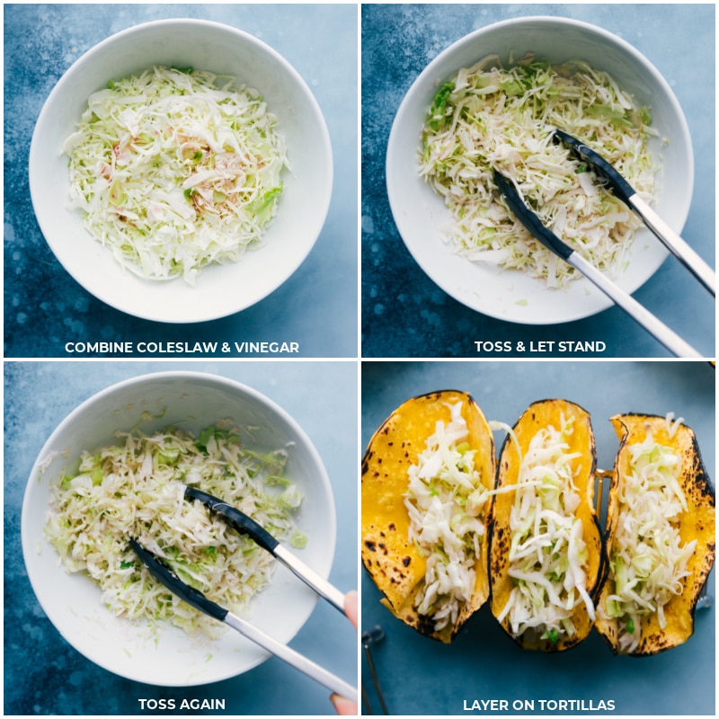 Fish Stick Tacos are the easiest fish tacos ever! Corn tortillas are loaded with a quick slaw, fish sticks (baked or air fried), and an irresistible lime crema. Recipe via ChelseasMessyApron #dinner #quick #easy #simple #best #avocado #cabbage #crema #fishstick #tacos Process shots of Fish Stick Tacos-- images of the coleslaw being mixed together and layered in the tortillas