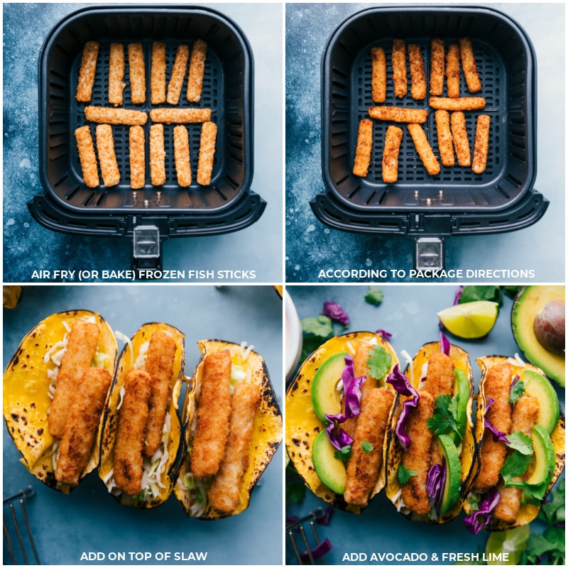 The best ever Fish Stick Tacos are the easiest fish tacos ever! Corn tortillas are loaded with a quick slaw, fish sticks (baked or air fried), and an irresistible lime crema. Recipe via ChelseasMessyApron #dinner #quick #easy #simple #best #avocado #cabbage #crema #fishstick #tacos Process shots-- images of the fish sticks being air fried and then added on top of the slaw in the tortillas