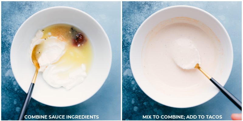 Fish Stick Tacos are the easiest fish tacos ever! Corn tortillas are loaded with a quick slaw, fish sticks, and an irresistible lime crema. Recipe via ChelseasMessyApron #dinner #quick #easy #simple #best #avocado #cabbage #crema #fishstick #tacos Process shots-- images of the crema sauce being made