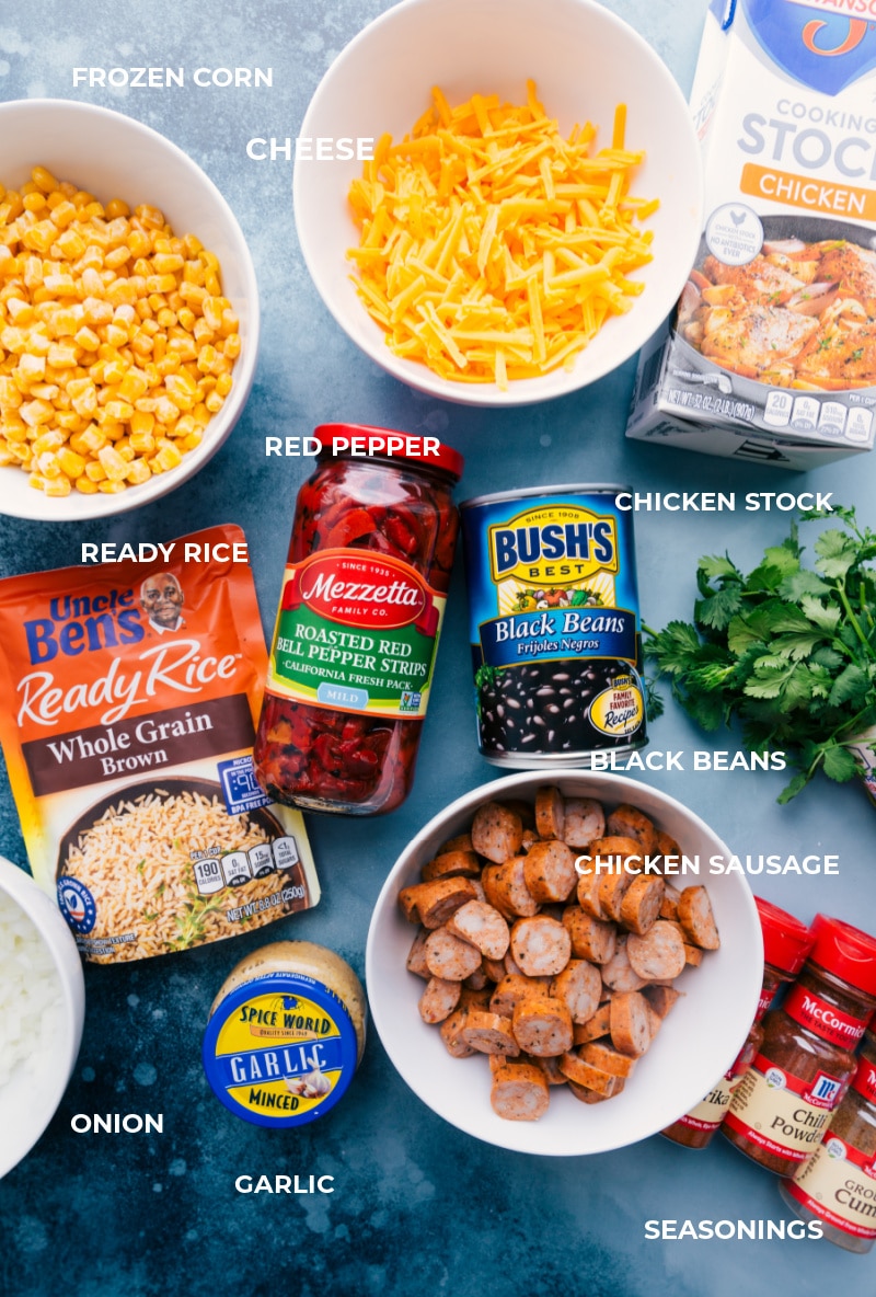 This Sausage and Rice meal combines smoked chicken sausage, crisp sweet corn, savory black beans, roasted peppers, and tender rice in an unforgettably delicious dinner! Recipe via ChelseasMessyApron #dinner #quick #easy #simple #best #blackbean #corn #cheesy #avocado #sausage #rice #oneskillet Ingredient shot-- image of all the ingredients used in this dish