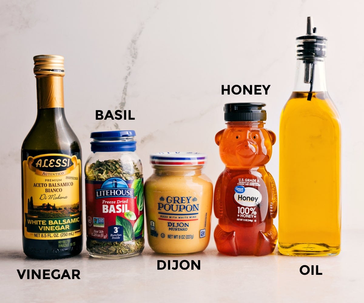 Dressing Ingredients For Summer Couscous Salad All the dressing ingredients ready to go—honey, oil, Dijon, basil, and vinegar—perfect for drizzling over the Summer Couscous Salad.