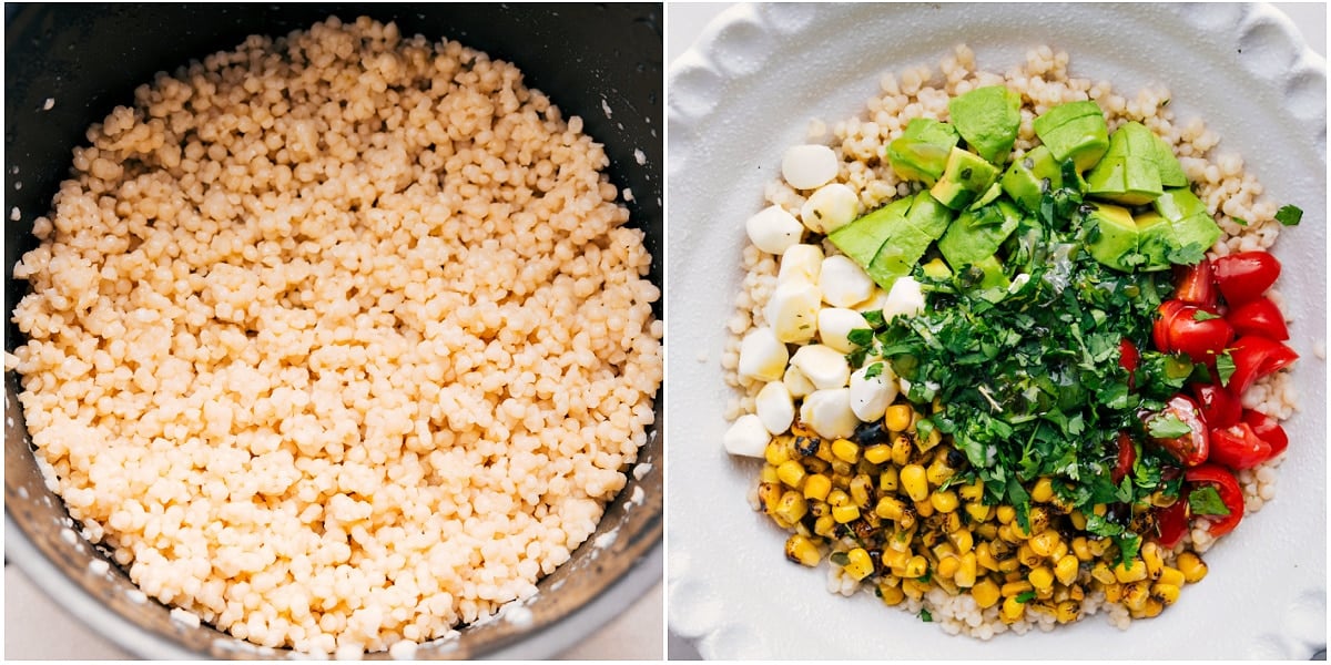 How To Make Summer Couscous Salad Cooking and fluffing couscous before adding it to a bowl with the rest of the Summer Couscous Salad ingredients.