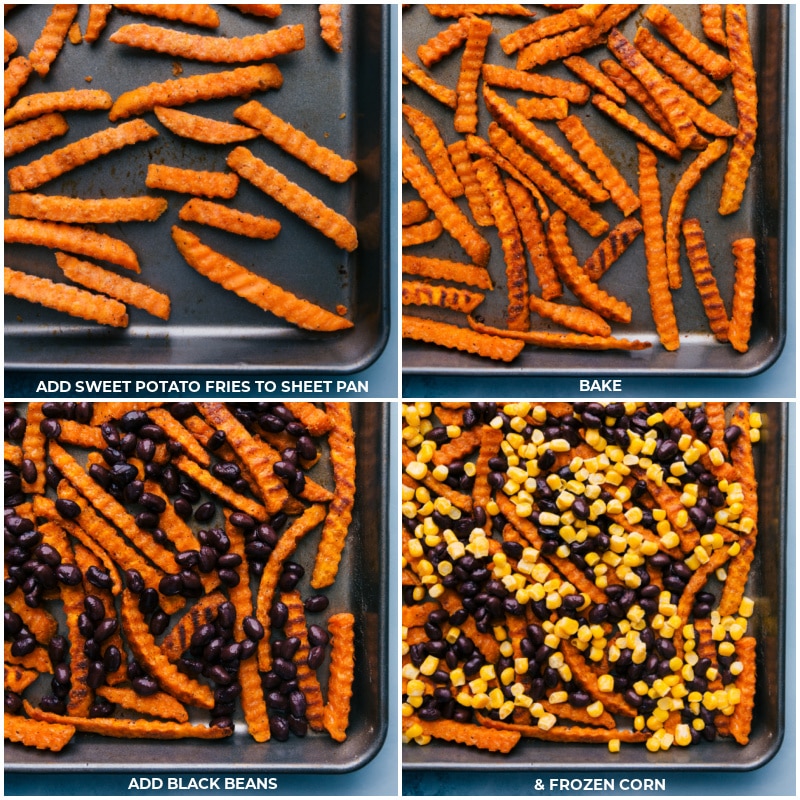 How To Make Sweet Potato Nachos The sweet potato fries being roasted and then the corn and black beans being added for these sweet potato nachos.