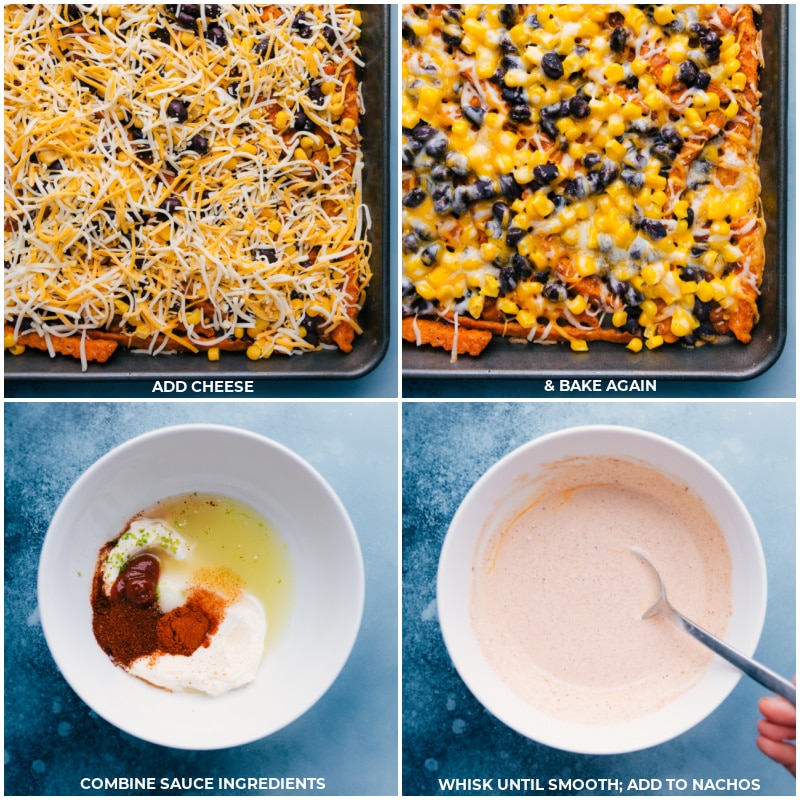 Sweet Potato Nachos With The Best Creamy Sauce Cheese being added and it all being baked together and then the creamy sauce being made.