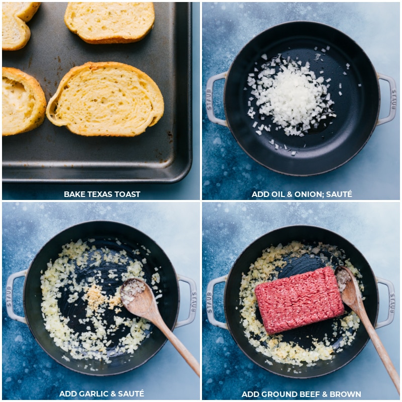 Texas Toast Pizza! A family-favorite, simple meal! Recipe via ChelseasMessyApron #dinner #quick #easy #simple #best #pepperoni #meat #groundbeef #texas #toast #pizza Process shots--toast the bread; add oil and onion to a pan and sautรฉ; add garlic, beef and continue.