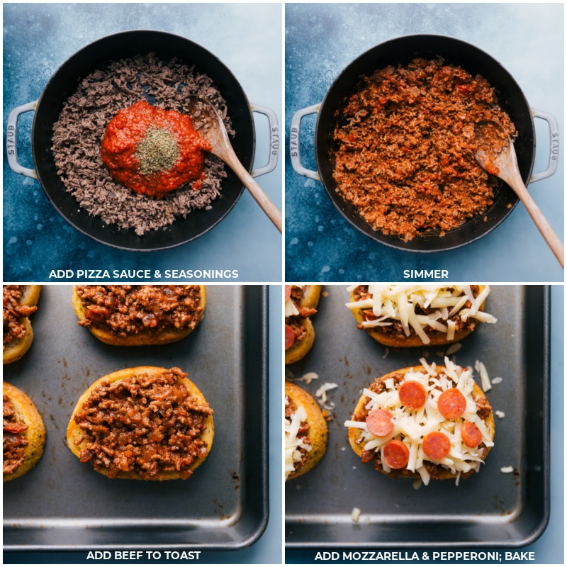 Texas Toast Pizza starts with garlic-infused Texas toast that gets piled high with saucy ground beef, melty mozzarella, and miniature pepperoni. A family-favorite, simple meal! Recipe via ChelseasMessyApron #dinner #quick #easy #simple #best #pepperoni #meat #groundbeef #texas #toast #pizza Process shots of Texas toast pizza-- add pizza sauce and seasonings; simmer; add to the toast; top with mozzarella and pepperoni; bake.