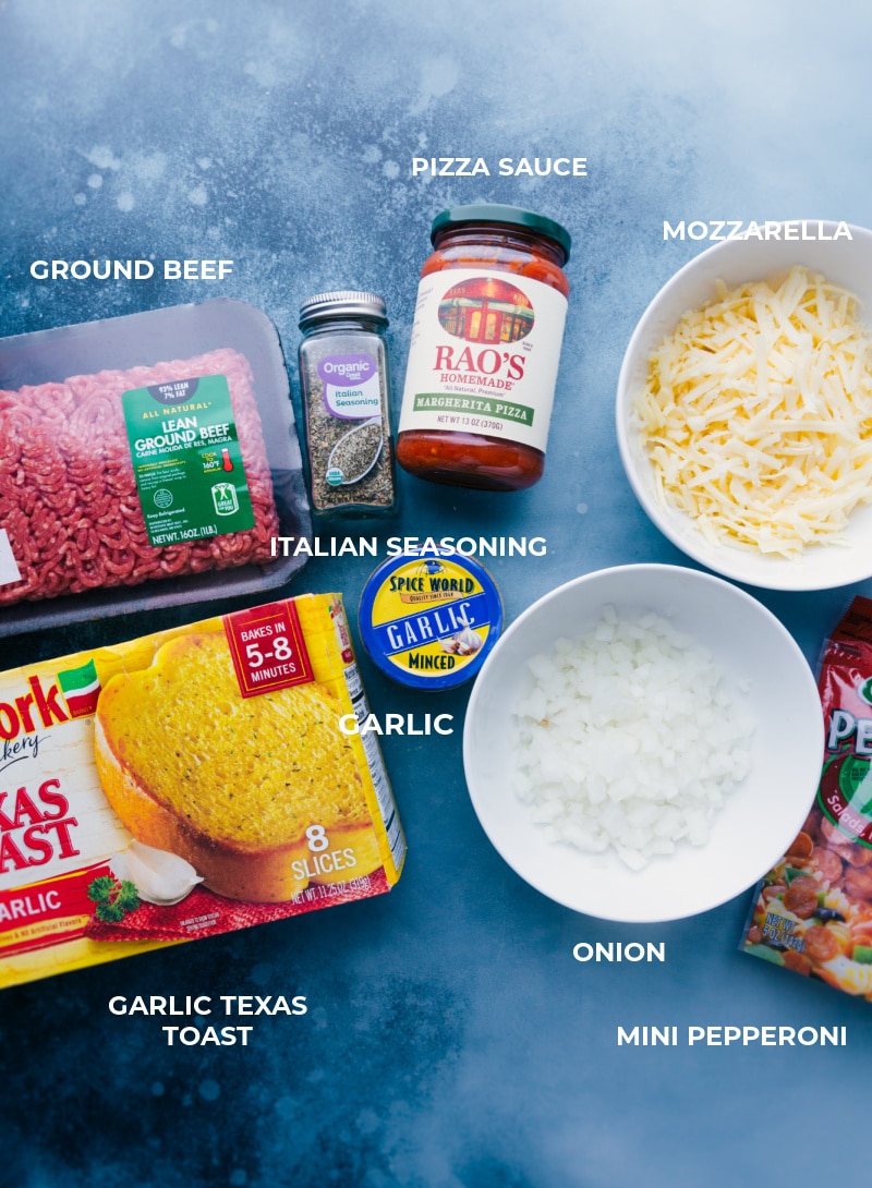 Texas Toast Pizza starts with garlic-infused Texas toast that gets piled high with saucy ground beef, melty mozzarella, and miniature pepperoni. A family-favorite, simple meal! Recipe via ChelseasMessyApron #dinner #quick #easy #simple #best #pepperoni #meat #groundbeef #texas #toast #pizza All the ingredients used in this dish.