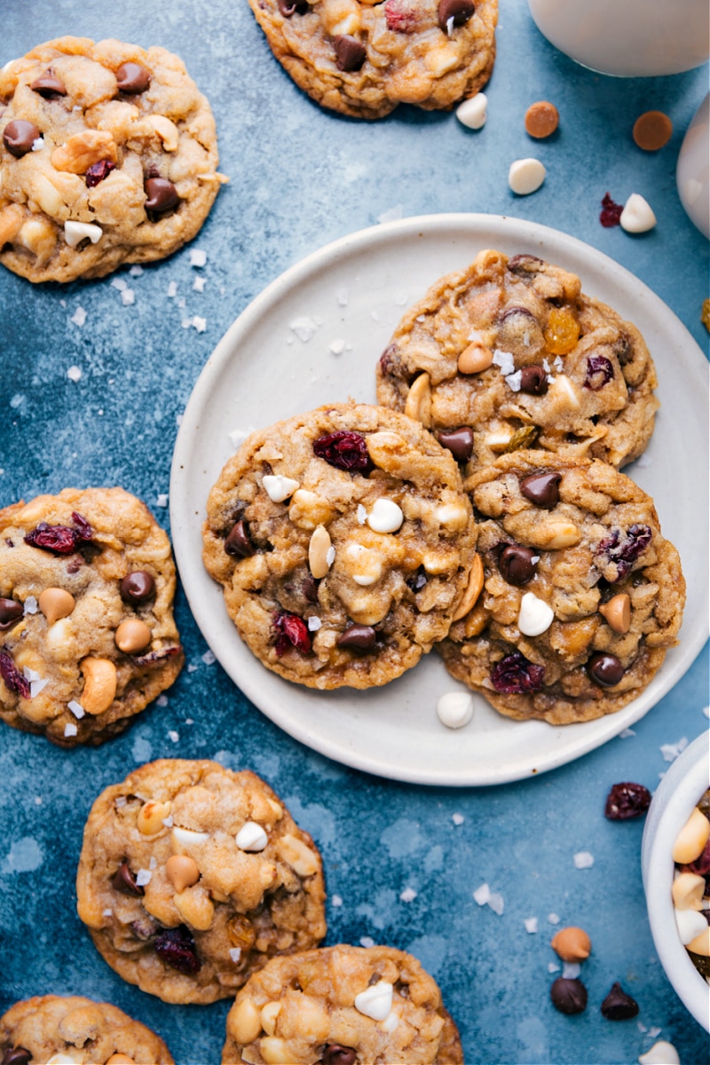 Trail Mix Cookies on a plate ready to be enjoyed.