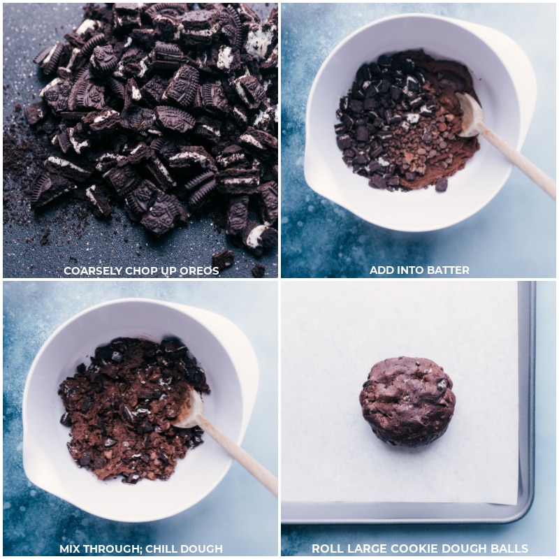 Chocolate Oreo Cookies! Recipe via ChelseasMessyApron.com #cookies #chocolate #oreo #bakerystyle #decadent #cookiesandcream Process shots: coarsely chop the Oreos; add to the batter; mix well; roll large dough balls.