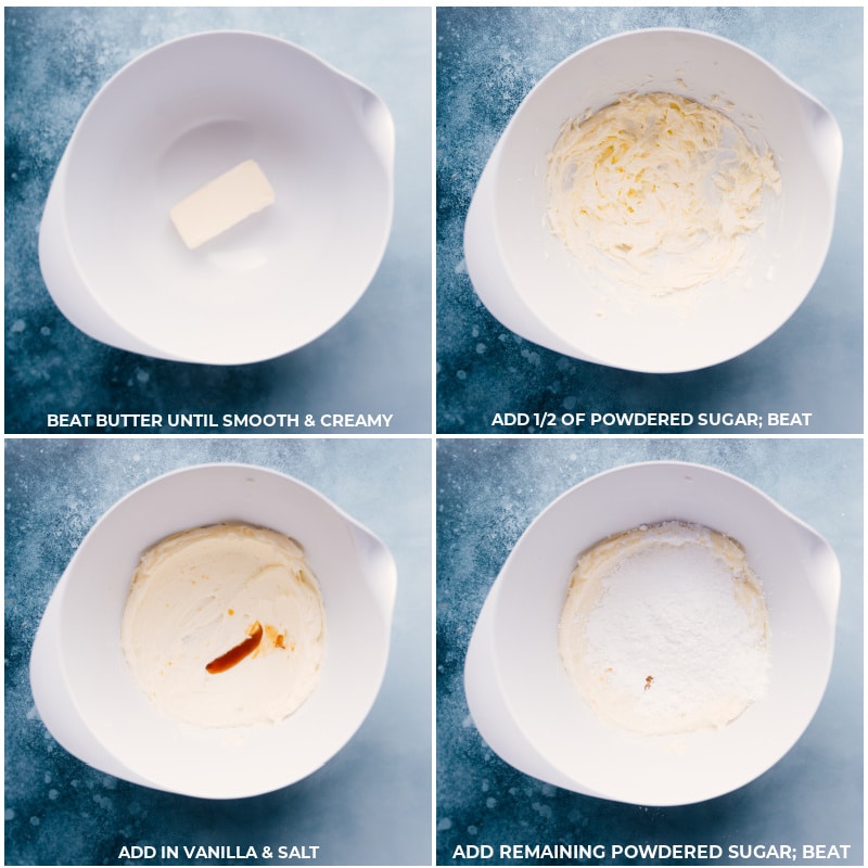 These bakery-style Chocolate Oreo Cookies start with thick and gooey, chocolate-studded, and Oreo-loaded chocolate cookies! Recipe via ChelseasMessyApron.com #cookies #chocolate #oreo #bakerystyle #decadent #cookiesandcream Process shots of the chocolate oreo cookies: beat butter until creamy; add half of the powdered sugar and mix; add vanilla and salt; add remaining powdered sugar and mix well.