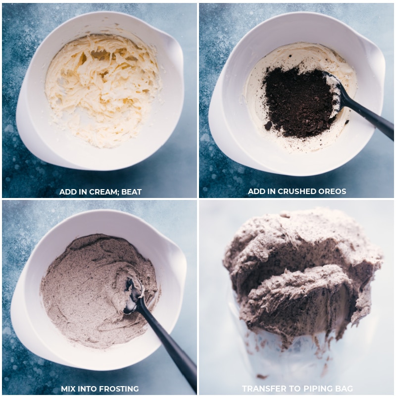 The best ever Chocolate Oreo Cookies start with thick and gooey, chocolate-studded, and Oreo-loaded chocolate cookies that get piled high with the best cookies and cream frosting. Recipe via ChelseasMessyApron.com #cookies #chocolate #oreo #bakerystyle #decadent #cookiesandcream Process shots: add in cream and mix; add in crushed Oreos; mix in frosting; transfer to a piping bag for this chocolate oreo cookies