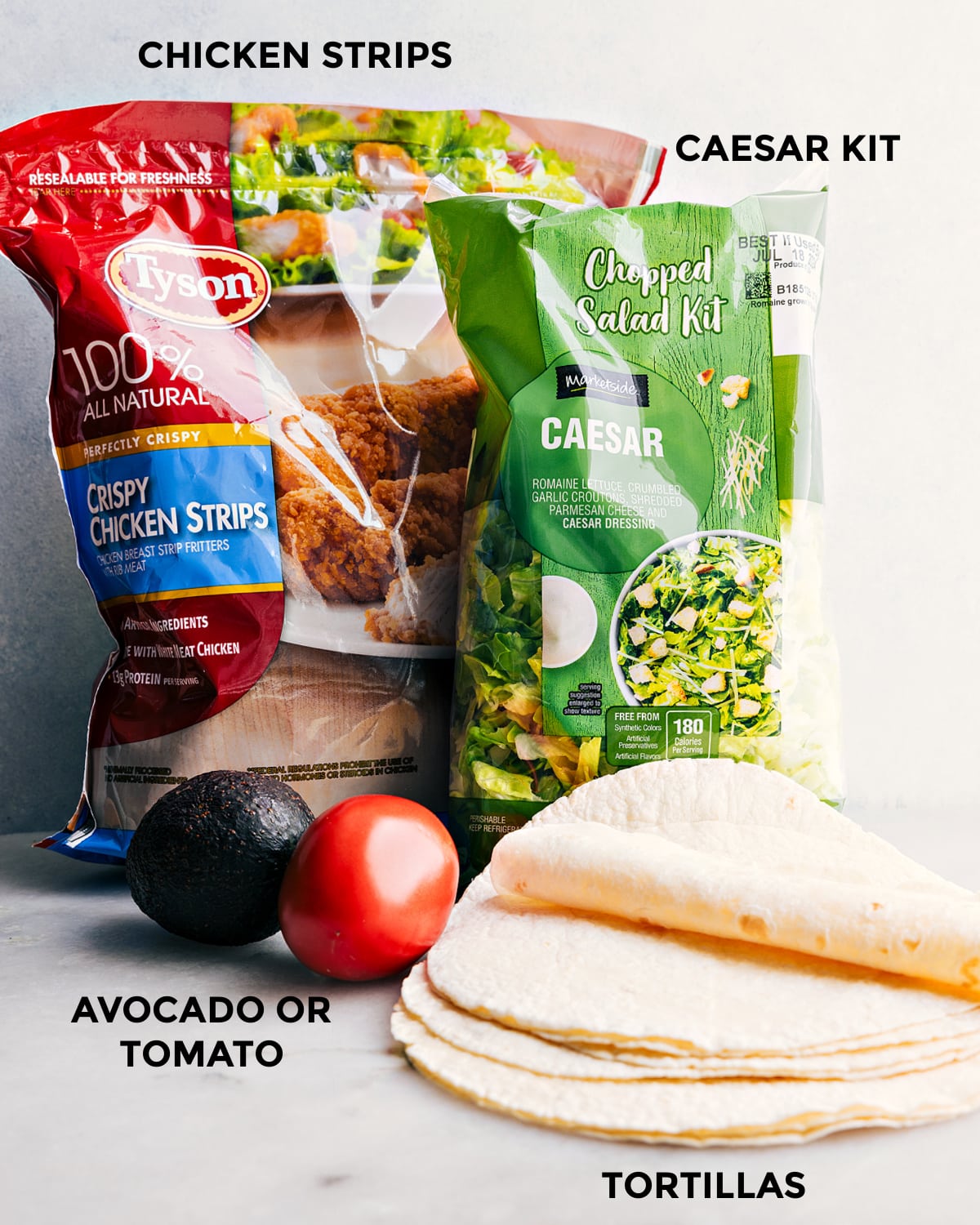 Ingredients In Chicken Caesar Salad Wraps All the ingredients for this recipe set out for easy assembly.