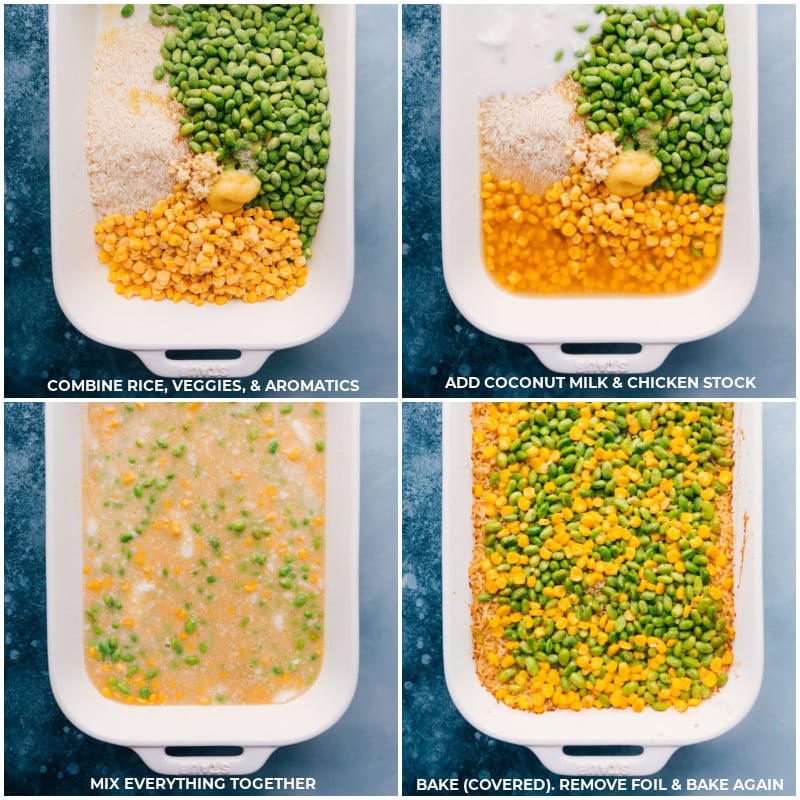 Assemble and Bake Everything for Coconut Chicken and Rice The first four steps for making this dish: 1. Combine rice, veggies, and aromatics. 2. Add coconut milk and chicken stock. 3. Mix everything together. 4. Bake (covered in foil), remove foil, and bake again.