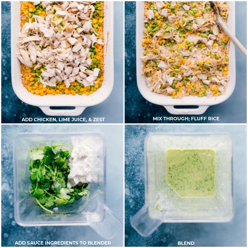 Make Sauce For This Tasty Dish Steps five through eight for making this dish: 5. Add chicken, lime juice, and lime zest. 6. Mix through; fluff rice. 7. Add sauce ingredients to blender. 8. Blend