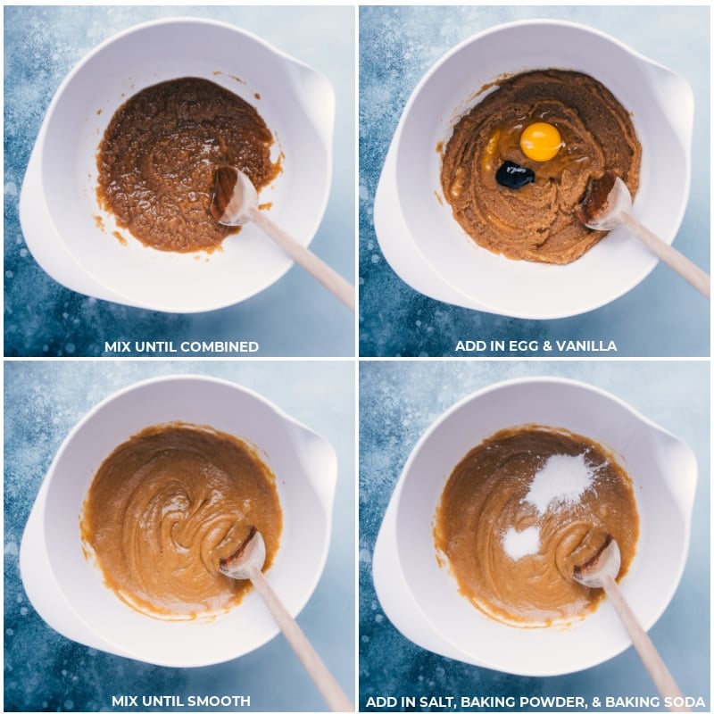 Gideon's Bakehouse Cookie Recipe has been widely praised and critically acclaimed -- a nearly 1/2 pound richly-flavored cookie completely covered in chocolate chips. Today's copycat recipe is pure cookie decadence -- a large, bakery-style chocolate-chip cookie loaded with three types of chocolate and topped with sea salt flakes. Recipe via ChelseasMessyApron #dessert #best #quick #easy #simple #chocolate #chocolatechip #bakerystyle #favorite #gideons #bakehouse #cookie #recipe Process shots of the Gideon's Bakehouse Cookie Recipe Copycat-- images of the egg, vanilla, salt, baking powder, and baking soda being added to a bowl and mixed together