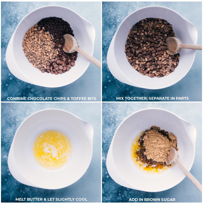 Gideon's Bakehouse Cookie Recipe has been widely praised and critically acclaimed. Today's copycat recipe is pure cookie decadence -- a large, bakery-style chocolate-chip cookie loaded with three types of chocolate and topped with sea salt flakes. Recipe via ChelseasMessyApron #dessert #best #quick #easy #simple #chocolate #chocolatechip #bakerystyle #favorite #gideons #bakehouse #cookie #recipe Process shots-- images of the chocolate chips being mixed together and set to the side and then the cookie base being started with melted butter and brown sugar