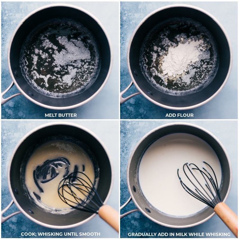 How To Make Ham And Potato Pot Pie Whisking melted butter and flour in a pot while slowly adding milk to create the creamy base for ham and potato pot pie.