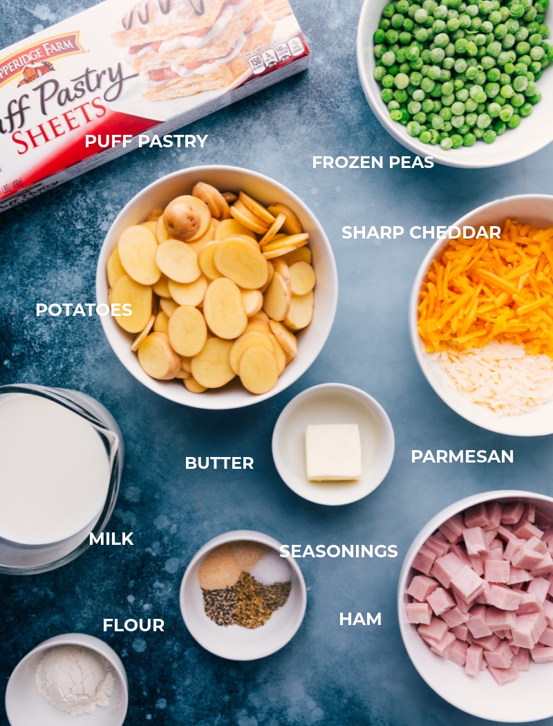 Ingredients In Ham And Potato Pot Pie Ingredients for this recipe prepped and ready to assemble, including potatoes, cheese, seasonings, ham, butter, milk, and flour.