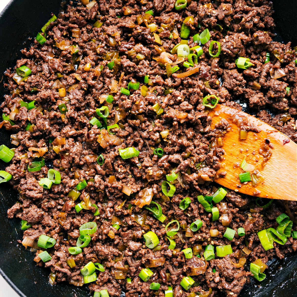 How To Make Korean Ground Beef The meat mixture in the skillet topped with green beans ready to be served and enjoyed.