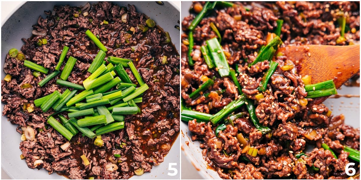 How To Make Mongolian Ground Beef Recipe The dish in a pot with fresh green onions being added.