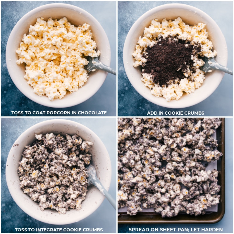 Movie night is begging for a big bowl of this! This simple recipe is easy to make-- no baking required and only four ingredients needed! Recipe via ChelseasMessyApron.com #oreopopcorn #oreo #gourmet #popcorn #easy #snacks #movienight Process shots: toss the popcorn and chocolate mixture; add in cookie crumbs; toss to mix well; spread on a sheet pan; let harden.