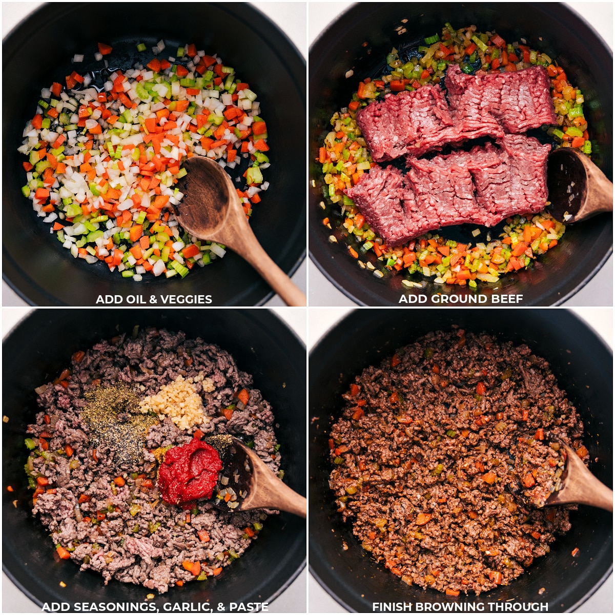 The Best One Pot Spaghetti Oil, veggies, ground beef, seasonings, garlic, and paste being added to the pot for this one pot spaghetti.