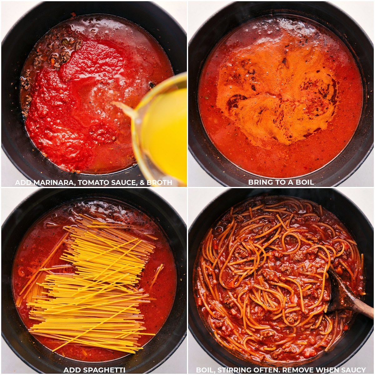 Easy One Pot Spaghetti Marinara, tomato sauce, broth, and the pasta being added to the pot for this recipe.