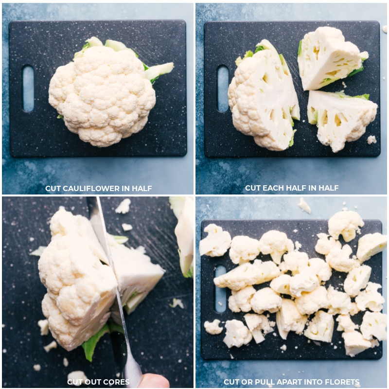 Roasted Cauliflower is the BEST way to enjoy this vegetable -- the high oven temperature yields beautiful caramelization with crisp edges and a tender interior. We have a basic, all-purpose Roasted Cauliflower recipe as well as a show-stopping Parmesan-breadcrumb-crusted version. Recipe via ChelseasMessyApron #side #thanksgiving #best #quick #easy #simple #healthy #cleaneating #snack #roasted #cauliflower Proces shots-- whole cauliflower, quartered cauliflower, core removed, and finally cut into small pieces.