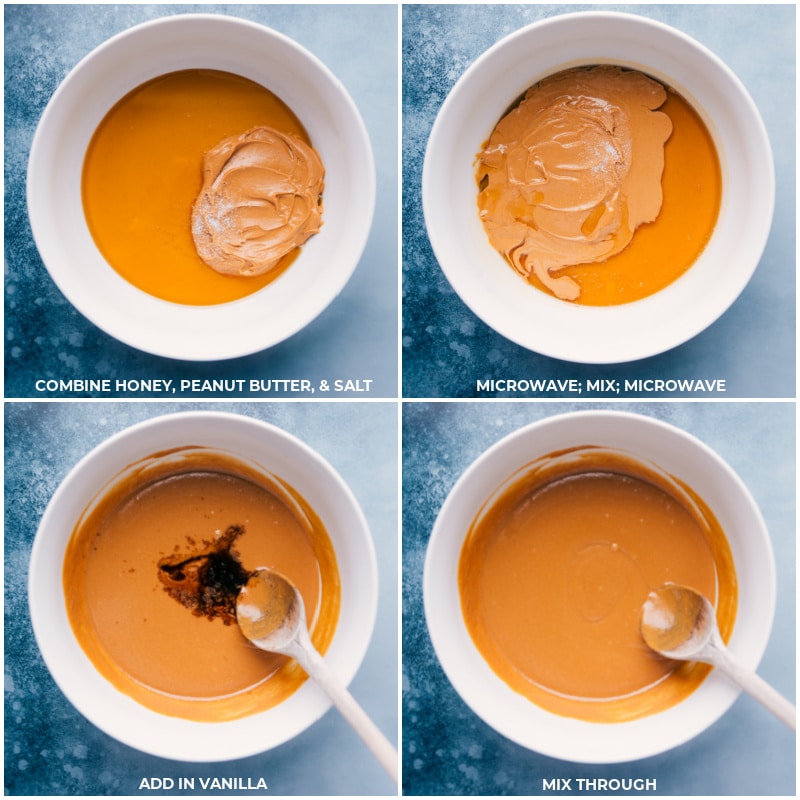 These no-bake Peanut Butter Cereal Bites are quick and easy to make! Recipe via ChelseasMessyApron #dessert #snack #quick #easy #simple #best #kidfriendly #peanutbutter #cerealbites Process shots-- images of the honey, peanut butter, and salt being microwaved and mixed together and then the vanilla being added and mixed in