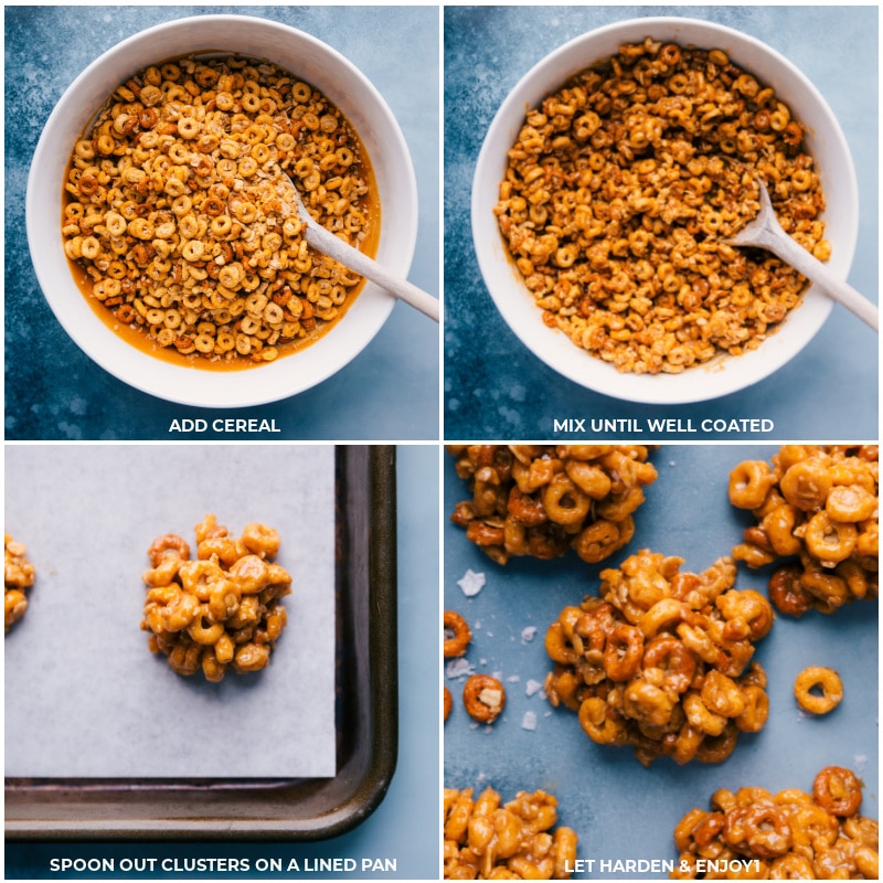 These delicious Peanut Butter Cereal Bites are quick and easy to make! They've only got five ingredients and are naturally sweetened -- the perfect addition to your lunch or a great after-school snack! Recipe via ChelseasMessyApron #dessert #snack #quick #easy #simple #best #kidfriendly #peanutbutter #cerealbites Process shots of the peanut butter cereal bites-- images of the cereal being added and it all being mixed together and placed on a lined pan to harden