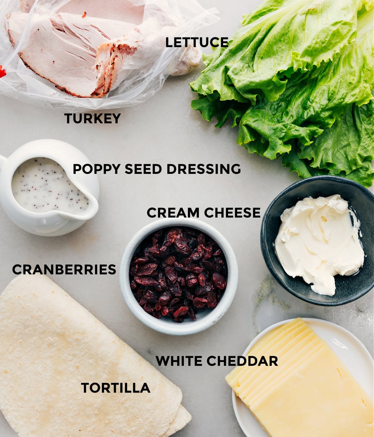 Ingredients In Turkey Cranberry Wraps All the ingredients in this recipe prepped out for easy assembly.