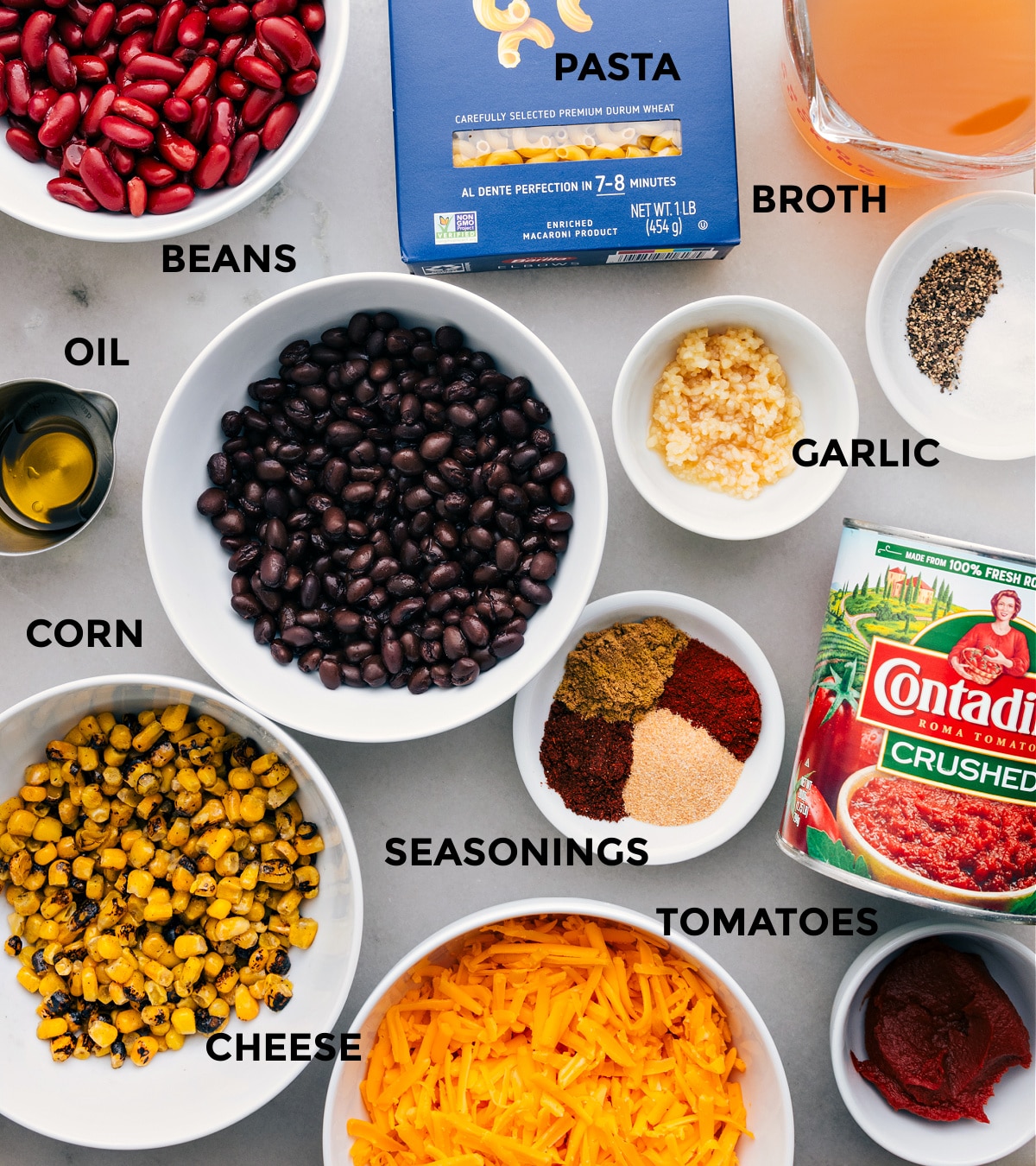 Ingredient In Vegetarian Chili Mac All the ingredients in this recipe prepped out for easy assembly.