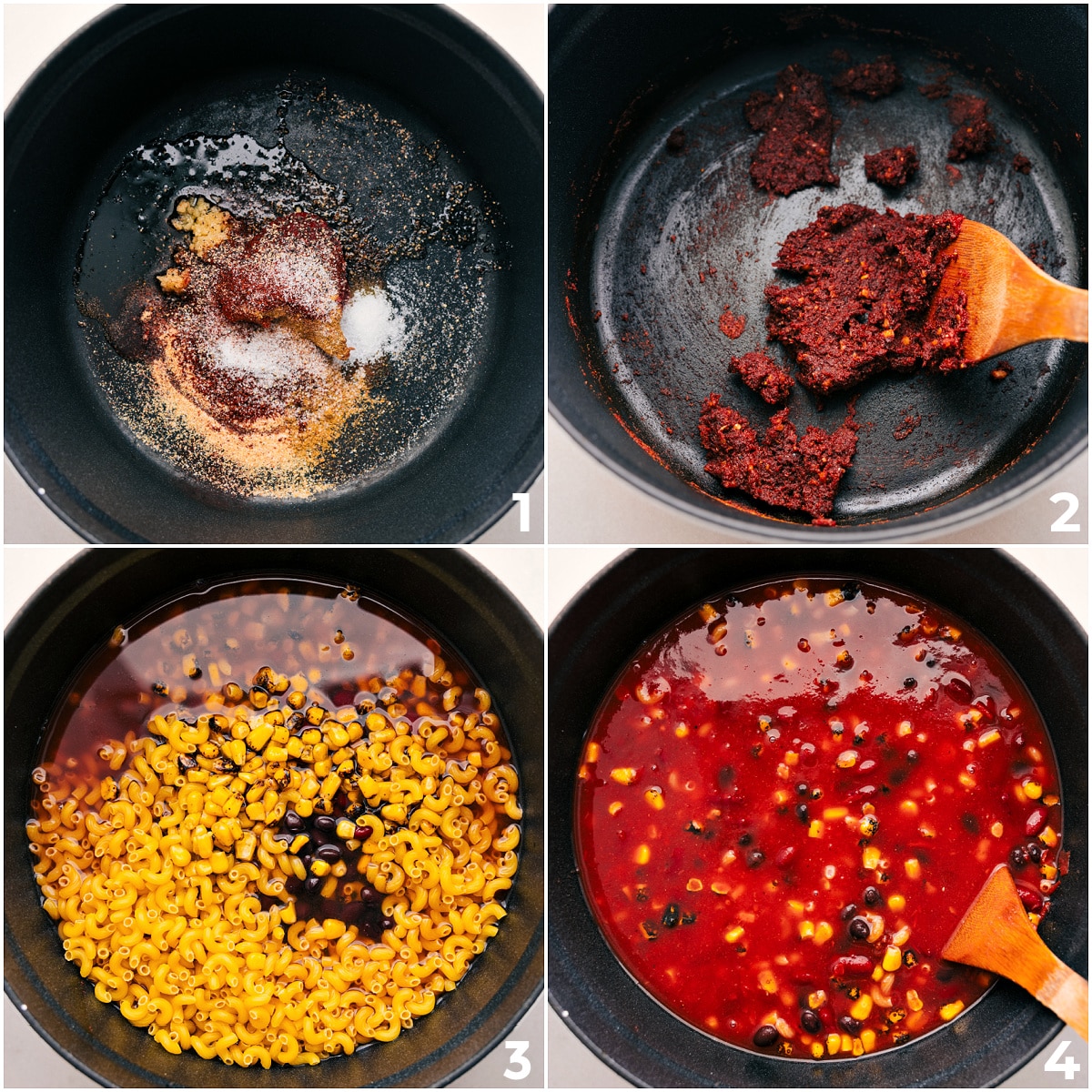 How To Make Vegetarian Chili Mac Sautรฉing the spices and tomato paste, then cooking the broth, beans, corn, and noodles for this vegetarian chili mac.