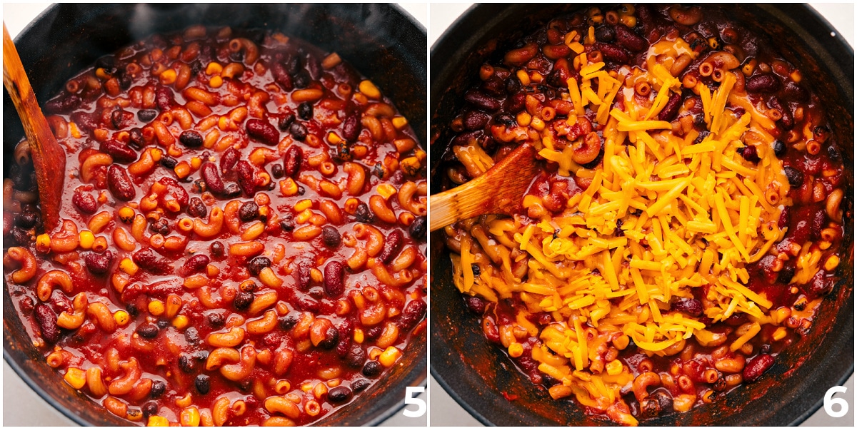 The Best Weeknight Dinner: One Pot Vegetarian Chili Mac The pasta being cooked and cheese being mixed in.