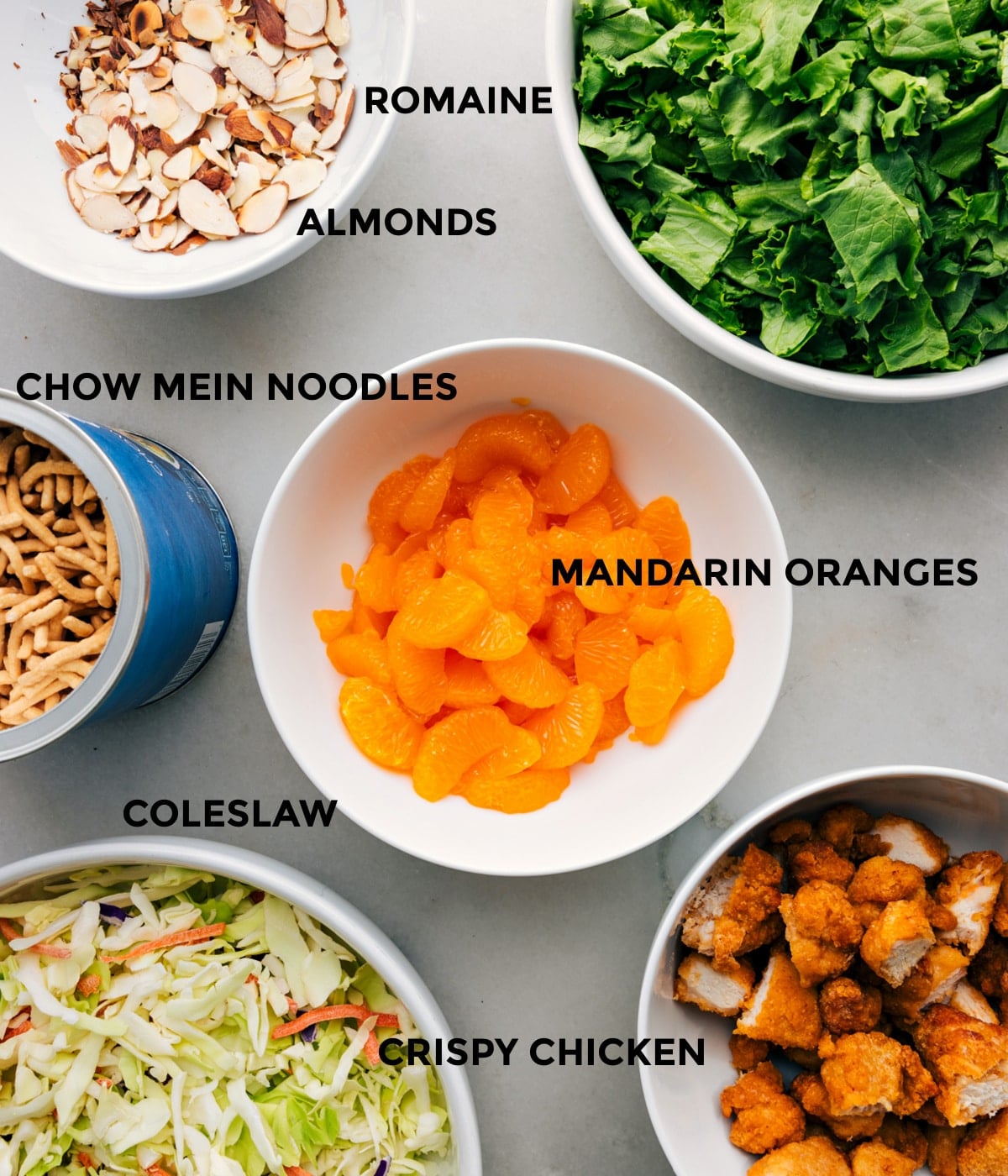 All the ingredients in Applebee's Chicken Salad prepped out for easy assemby.