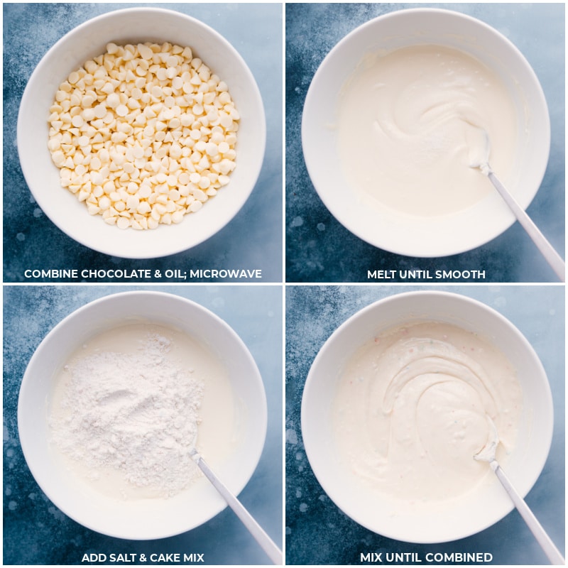 Thisย delicious Cake Batter Popcorn is sweet, crunchy, and loaded with sprinkles! We toss the popcorn in melted chocolate and an actual cake mix for a true cake batter flavor experience! Recipe via ChelseasMessyApron.com #Popcorn #gourmet #quick# easy# cakebatter #cakebatterpopcorn #snack #movienight #treat Process shots-- images of the white chocolate being melted and the cake mix and salt being added to it and mixed together