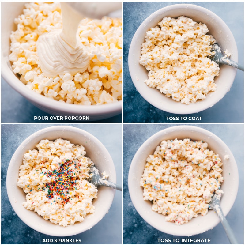 Thisย Cake Batter Popcorn is sweet, crunchy, and loaded with sprinkles! Recipe via ChelseasMessyApron.com #Popcorn #gourmet #quick# easy# cakebatter #cakebatterpopcorn #snack #movienight #treat Process shots of the cake batter popcorn-- images of the chocolate mixture being poured over the popcorn, sprinkles being added, and everything being mixed together