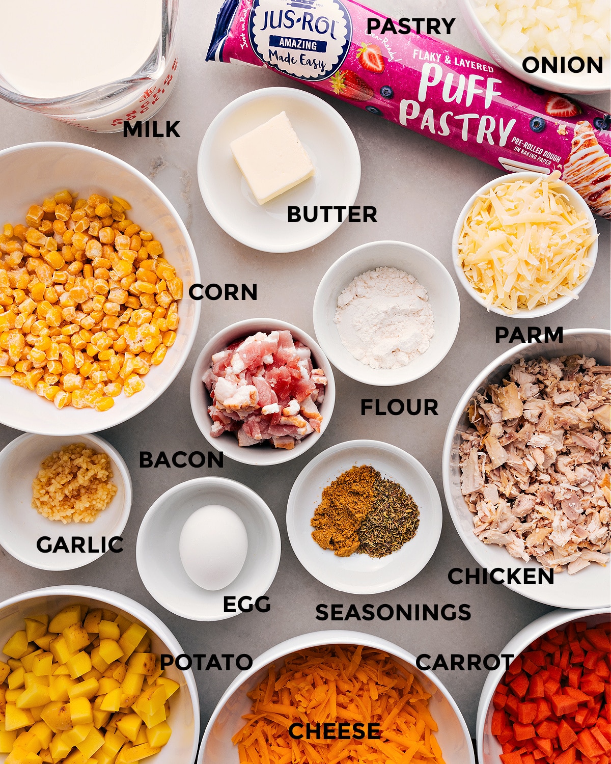 Ingredients In Corn Chowder Pot Pie All the ingredients in this dish are prepped for easy assembly.