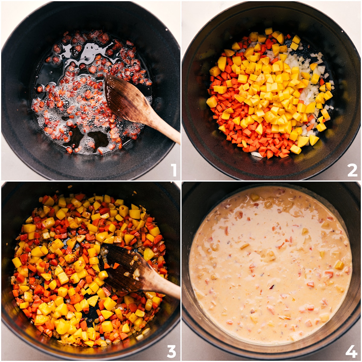 How To Make Corn Chowder Pot Pie Cook the bacon, then remove it from the pan. Sautรฉ the veggies, stir in butter and flour, then pour in the milk. Season and let it thicken for this corn chowder pot pie.