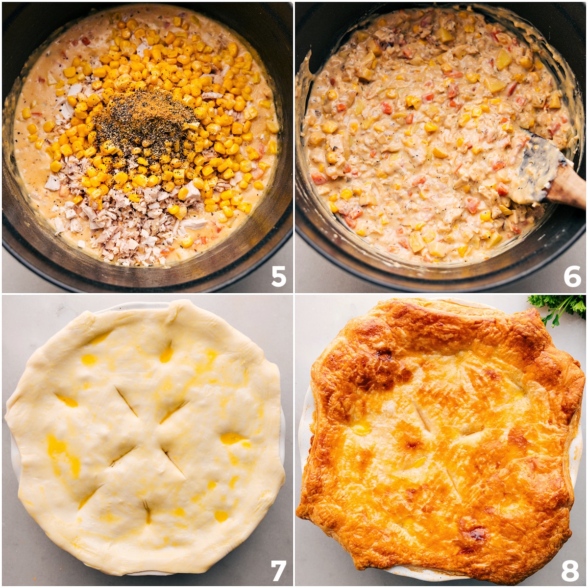 How To Assemble And Bake Corn Chowder Pot Pie Mix corn, chicken, cheese, and bacon, then pour into pie dish. Top with puff pastry, brush with egg, cut slits, and bake. Let cool before serving.
