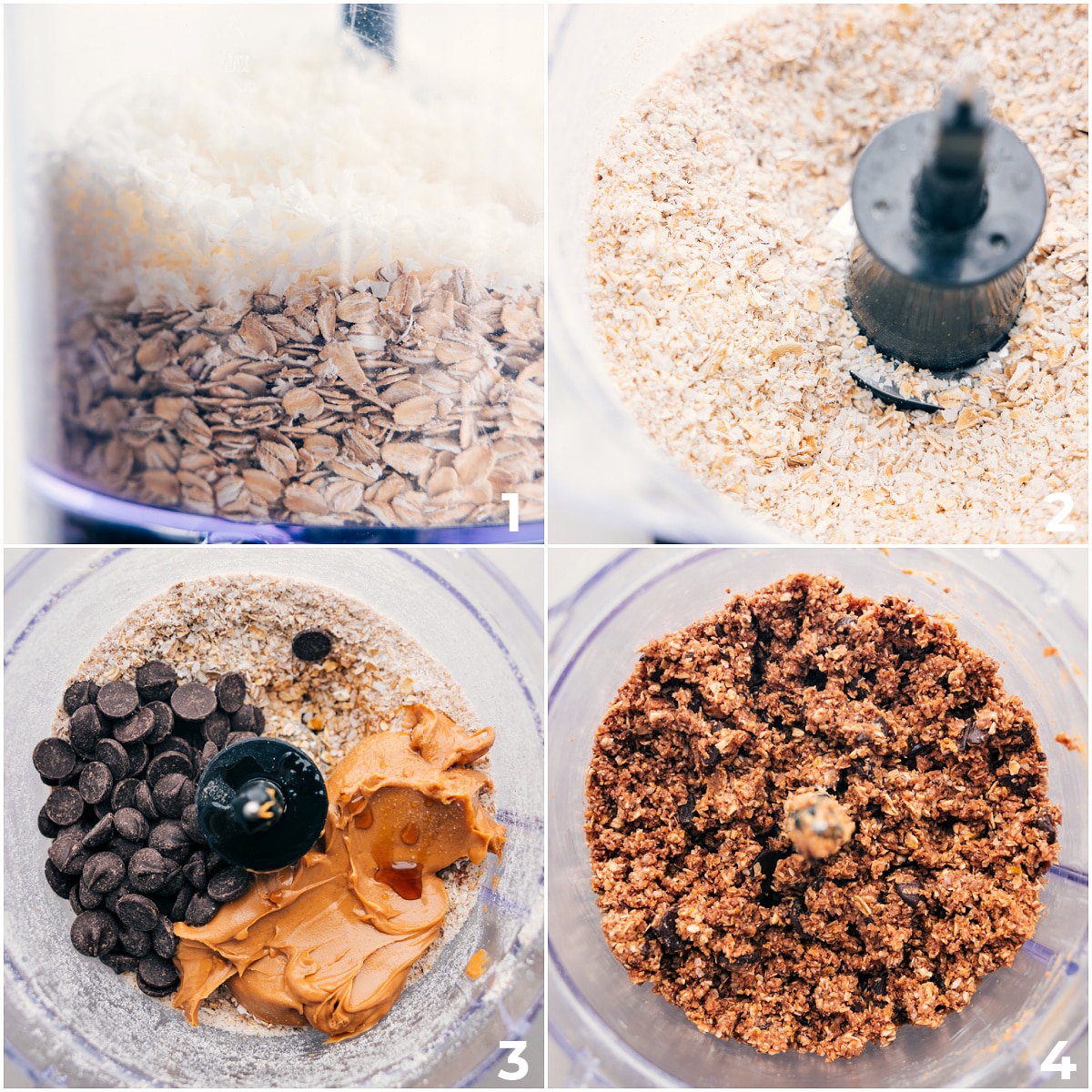 How To Make Simple & Delicious Cookies And Cream Energy Bites All the base ingredients being added to a food processor and blended together.