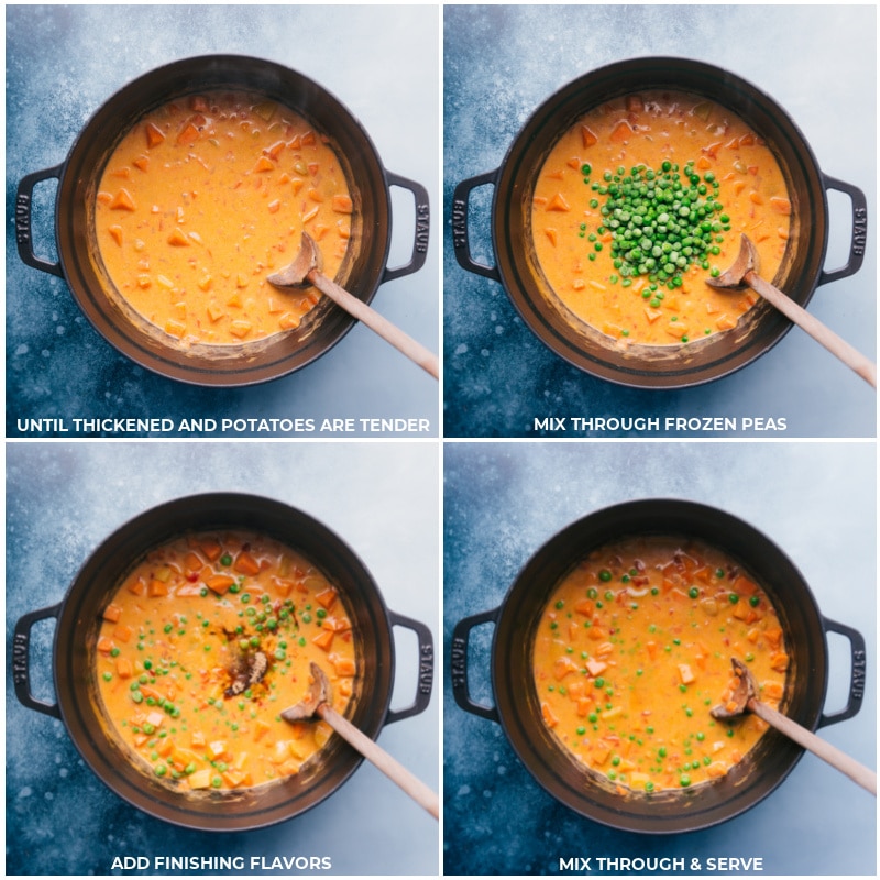 This delicious Panang Curry combines aromatic veggies with fragrant Panang curry paste and a combination of sweet and golden potatoes all combined in a rich and creamy coconut base. Garnish with basil, crushed peanuts, and plenty of fresh lime juice!ย Recipe via ChelseasMessyApron #dinner #quick #easy #simple #best #vegan #vegetarian #healthy #familyfriendly #panang #curry Process shots-- images of the frozen peas being added along with all the finishing flavors