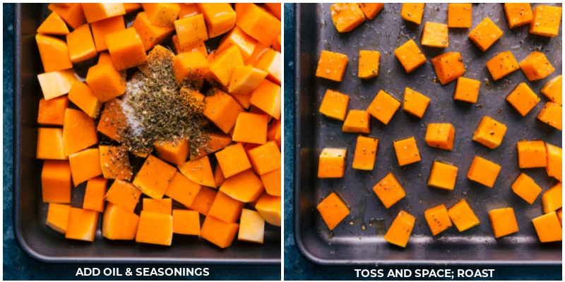 Roasted Butternut Squash is simply the best! With beautifully caramelized exteriors and tender sweet interiors, you'll be hooked after one bite! This post shares how to find the perfect squash, how to prepare it three different ways, and how to store/reheat it later! Recipe via ChelseasMessyApron #dinner #quick #easy #simple #side #best #thanksgiving #seasoned #clean #cleaneating #fresh #whole #roasted #butternut #squash Process shots of roasted butternut squash-- images of the seasonings being added and tossed together