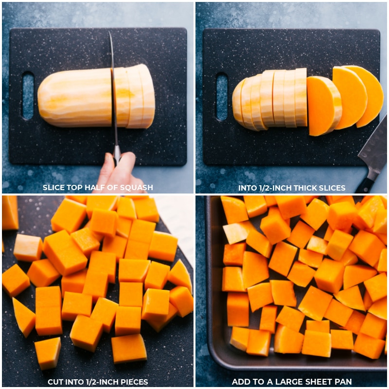 Roasted Butternut Squash is simply the best! With beautifully caramelized exteriors and tender sweet interiors, you'll be hooked after one bite! This post shares how to find the perfect squash, how to prepare it three different ways, and how to store/reheat it later! Recipe via ChelseasMessyApron #dinner #quick #easy #simple #side #best #thanksgiving #seasoned #clean #cleaneating #fresh #whole #roasted #butternut #squash Process shots-- images of the veggies being chopped into small pieces and being placed on a prepared sheet pan